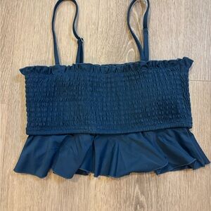 Navy Blue Smocked Ruffle Crop Top